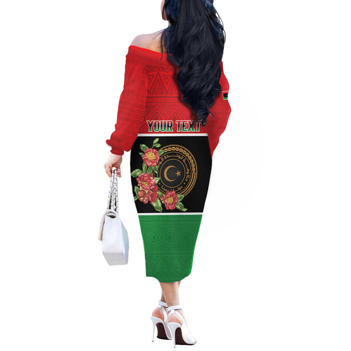 Personalized Libya Independence Day Off The Shoulder Long Sleeve Dress Pomegranate Blossom With Libyan Seal - Wonder Print Shop