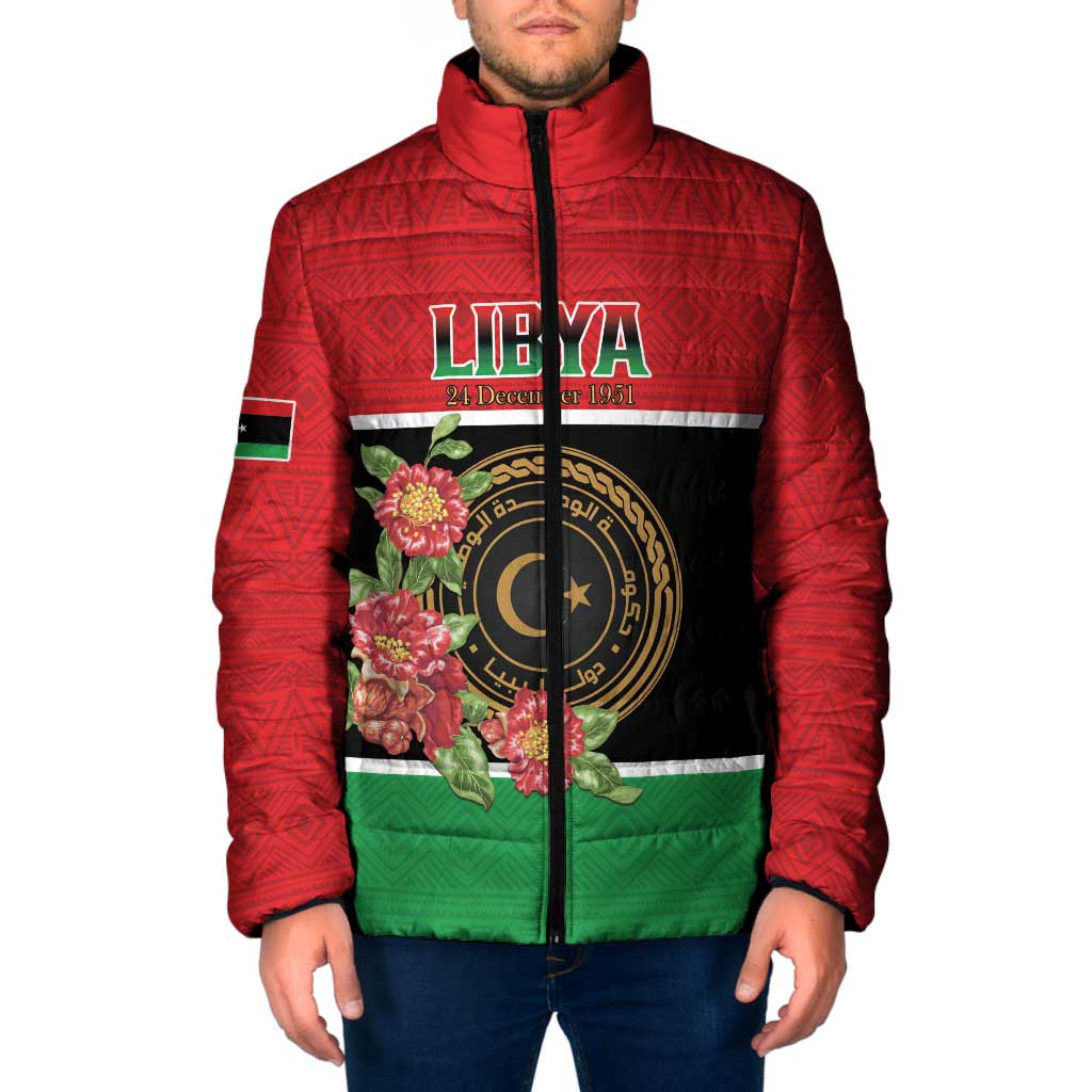 Personalized Libya Independence Day Padded Jacket Pomegranate Blossom With Libyan Seal - Wonder Print Shop