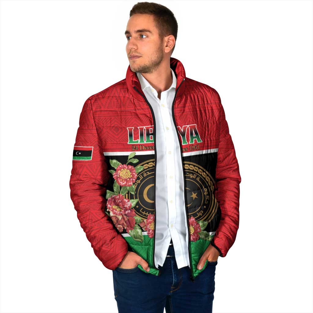 Personalized Libya Independence Day Padded Jacket Pomegranate Blossom With Libyan Seal - Wonder Print Shop