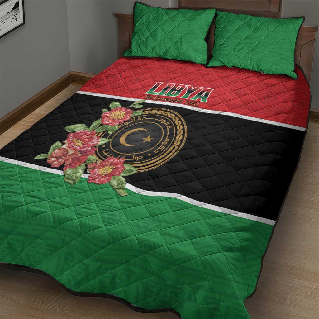 Libya Independence Day Quilt Bed Set Pomegranate Blossom With Libyan Seal - Wonder Print Shop