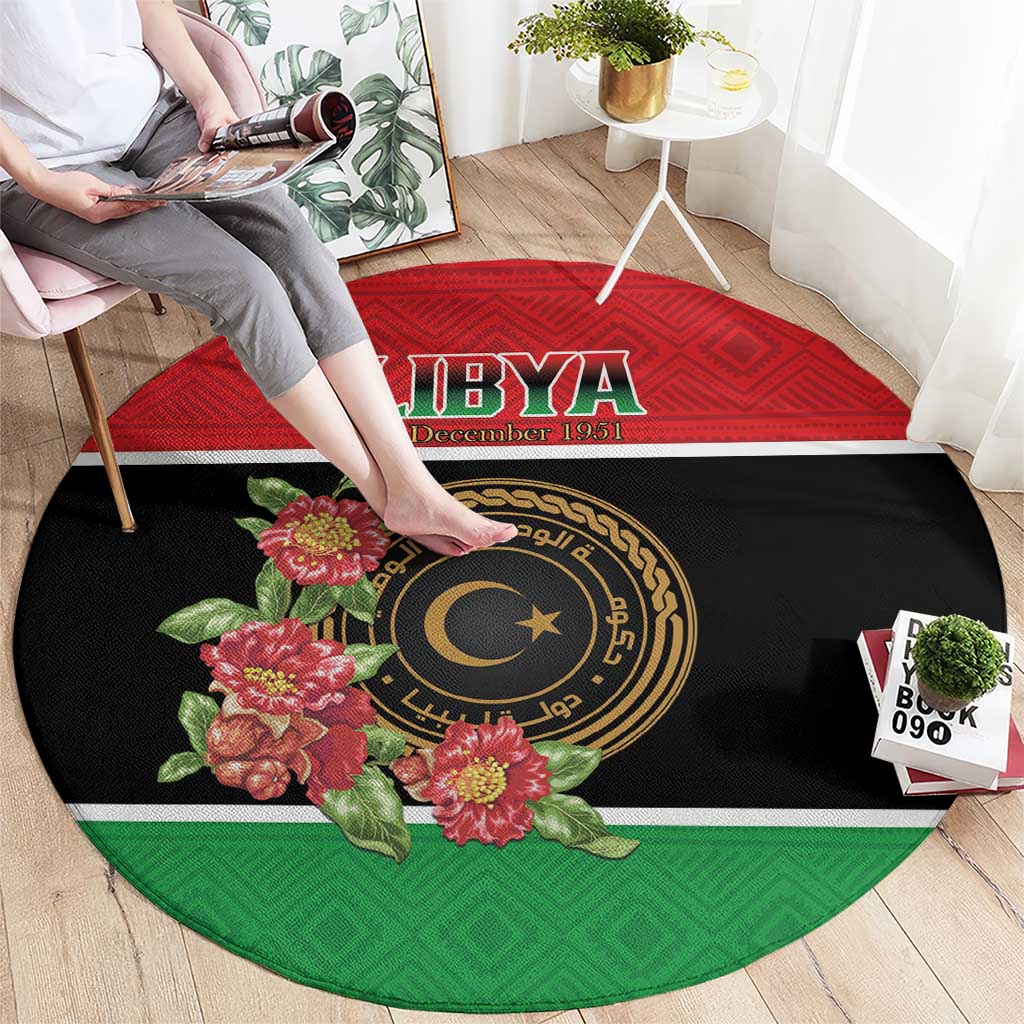 Libya Independence Day Round Carpet Pomegranate Blossom With Libyan Seal - Wonder Print Shop