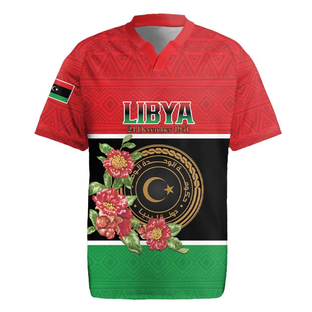 Personalized Libya Independence Day Rugby Jersey Pomegranate Blossom With Libyan Seal - Wonder Print Shop