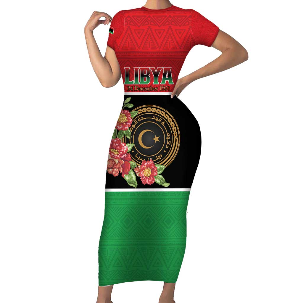 Personalized Libya Independence Day Short Sleeve Bodycon Dress Pomegranate Blossom With Libyan Seal - Wonder Print Shop