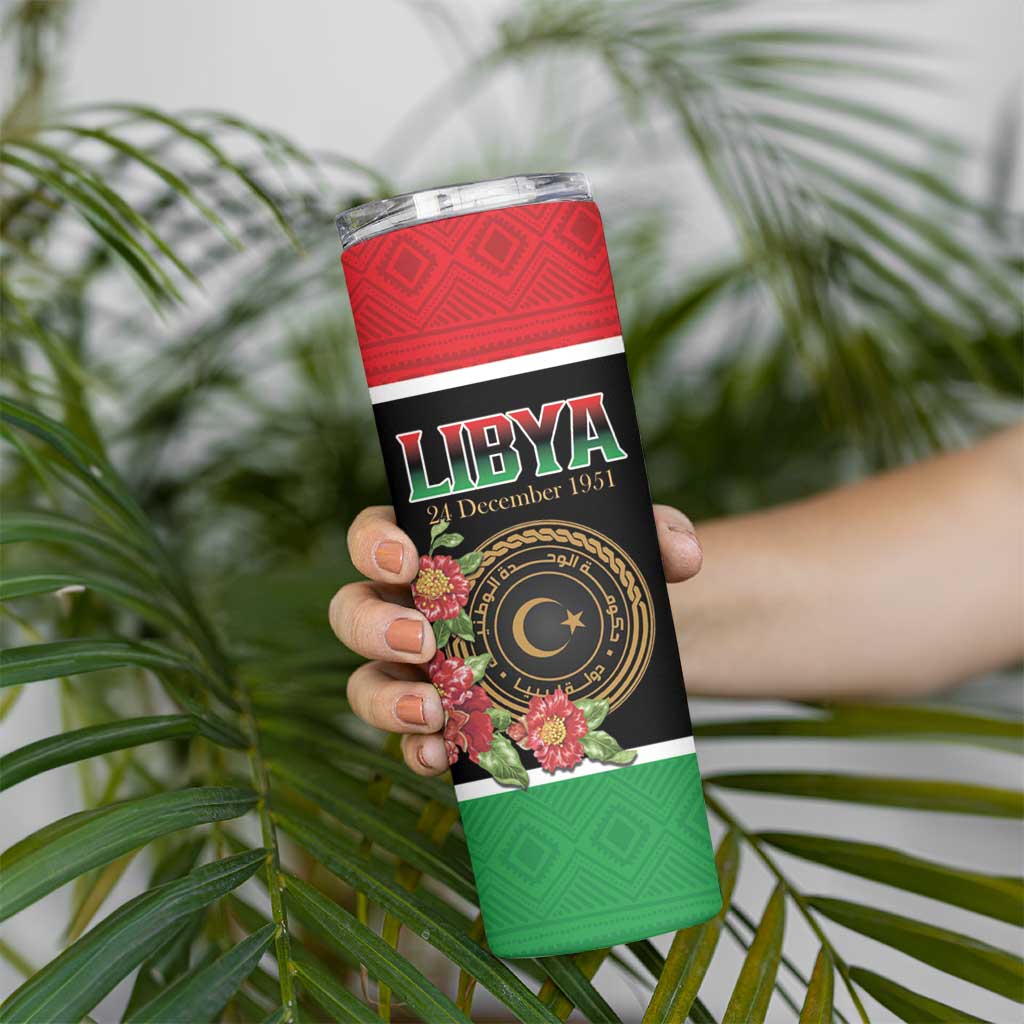 Personalized Libya Independence Day Skinny Tumbler Pomegranate Blossom With Libyan Seal - Wonder Print Shop