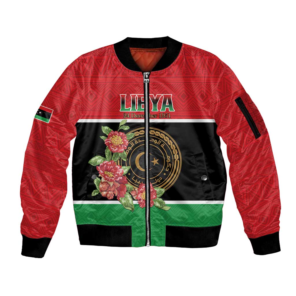Personalized Libya Independence Day Sleeve Zip Bomber Jacket Pomegranate Blossom With Libyan Seal - Wonder Print Shop