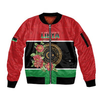 Personalized Libya Independence Day Sleeve Zip Bomber Jacket Pomegranate Blossom With Libyan Seal - Wonder Print Shop