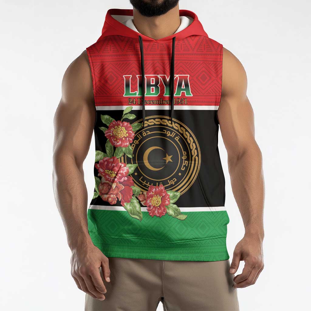 Personalized Libya Independence Day Sleeveless Hoodie Pomegranate Blossom With Libyan Seal - Wonder Print Shop