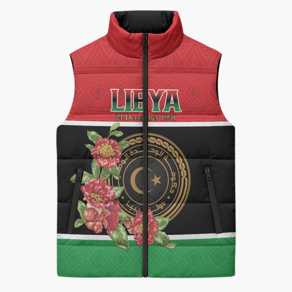 Personalized Libya Independence Day Sleeveless Puffer Jacket Pomegranate Blossom With Libyan Seal - Wonder Print Shop