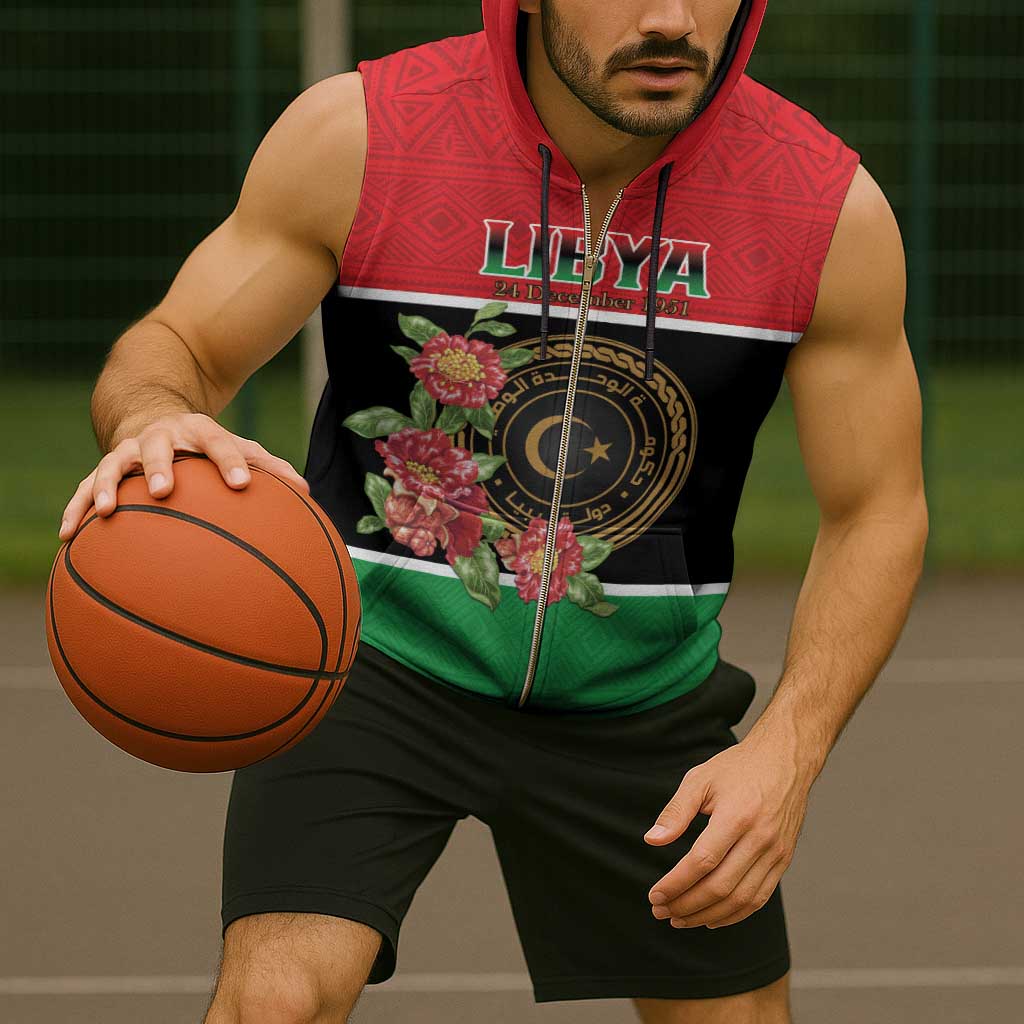 Personalized Libya Independence Day Sleeveless Zip Hoodie Pomegranate Blossom With Libyan Seal - Wonder Print Shop