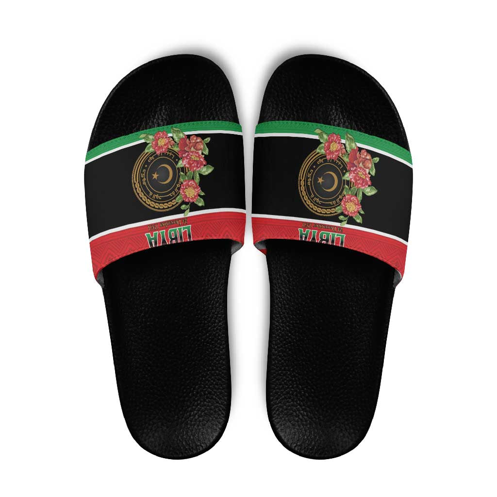 Libya Independence Day Slide Sandals Pomegranate Blossom With Libyan Seal - Wonder Print Shop