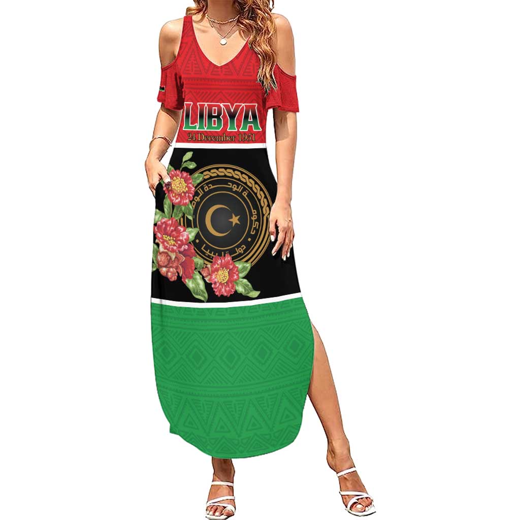 Personalized Libya Independence Day Summer Maxi Dress Pomegranate Blossom With Libyan Seal - Wonder Print Shop