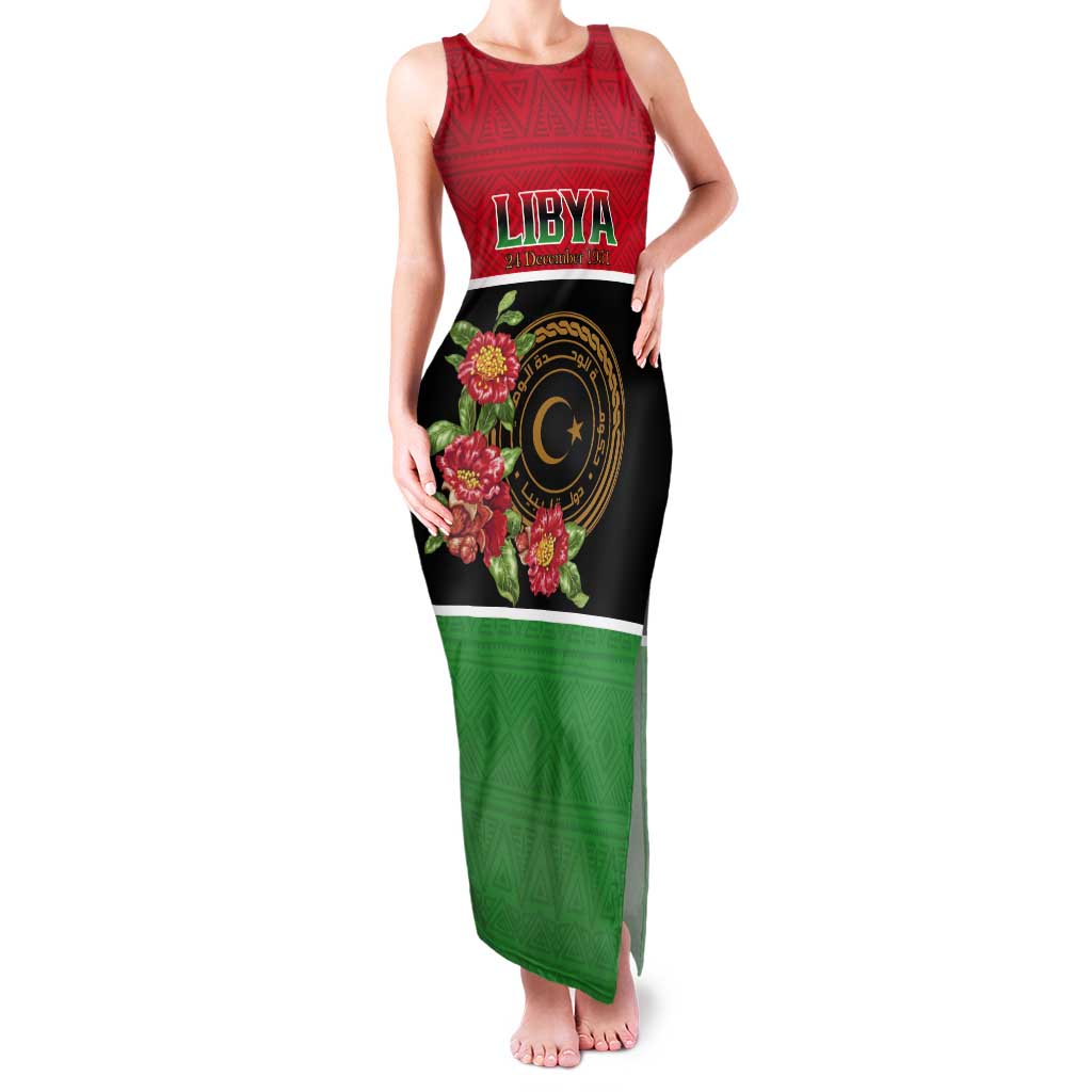 Personalized Libya Independence Day Tank Maxi Dress Pomegranate Blossom With Libyan Seal - Wonder Print Shop
