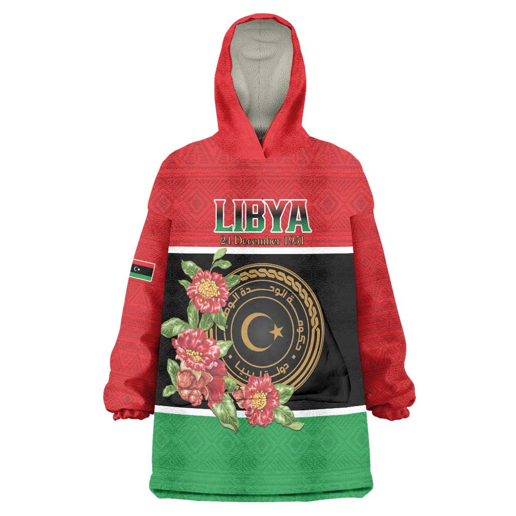 Personalized Libya Independence Day Wearable Blanket Hoodie Pomegranate Blossom With Libyan Seal - Wonder Print Shop