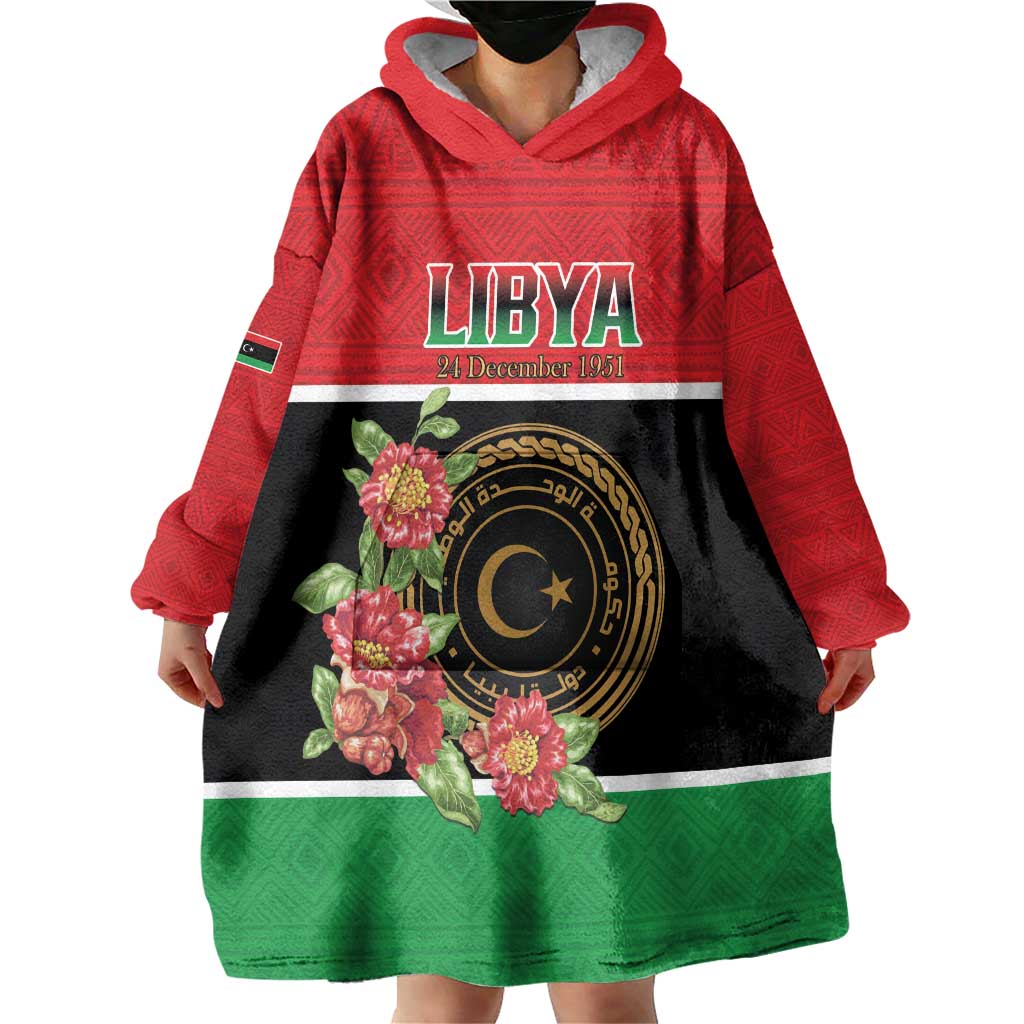 Personalized Libya Independence Day Wearable Blanket Hoodie Pomegranate Blossom With Libyan Seal - Wonder Print Shop