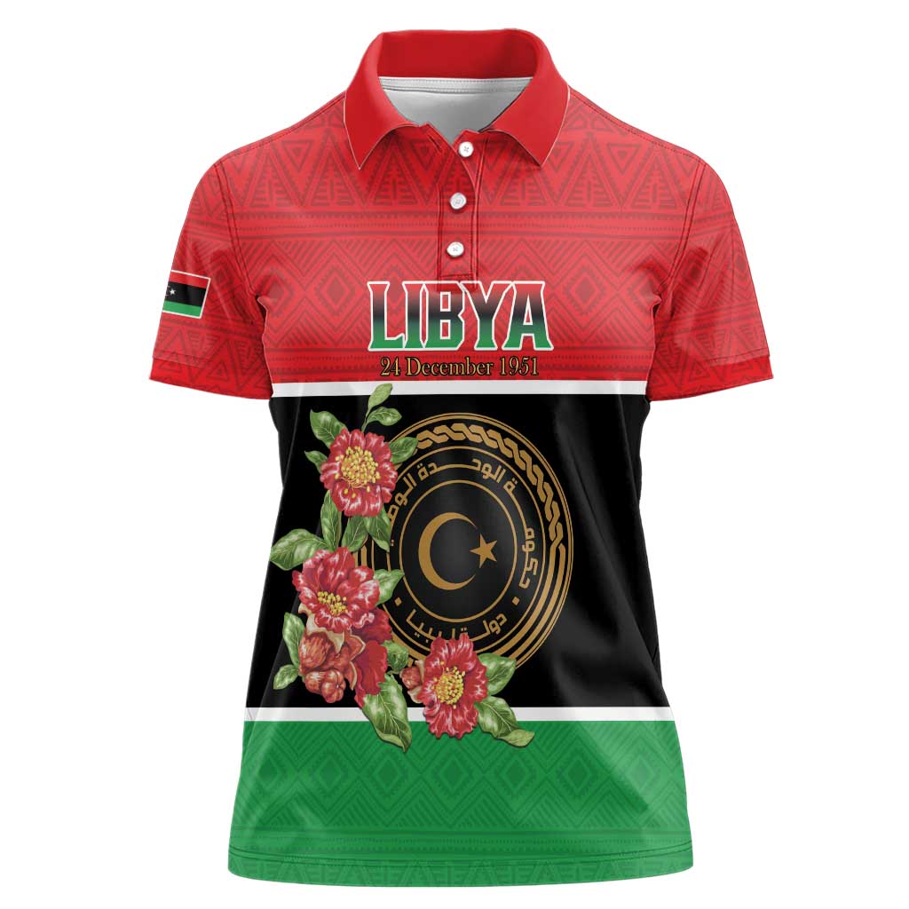 Personalized Libya Independence Day Women Polo Shirt Pomegranate Blossom With Libyan Seal - Wonder Print Shop