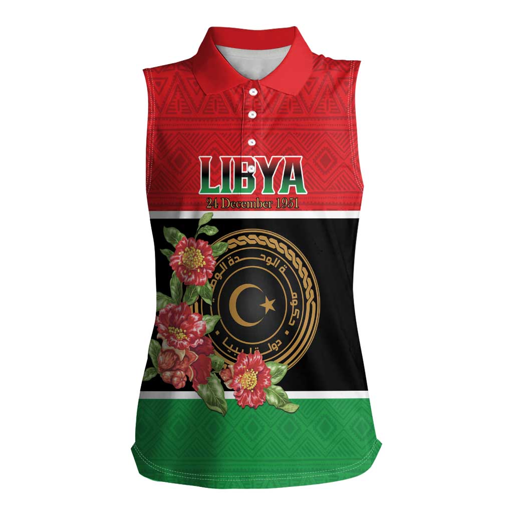 Personalized Libya Independence Day Women Sleeveless Polo Shirt Pomegranate Blossom With Libyan Seal - Wonder Print Shop
