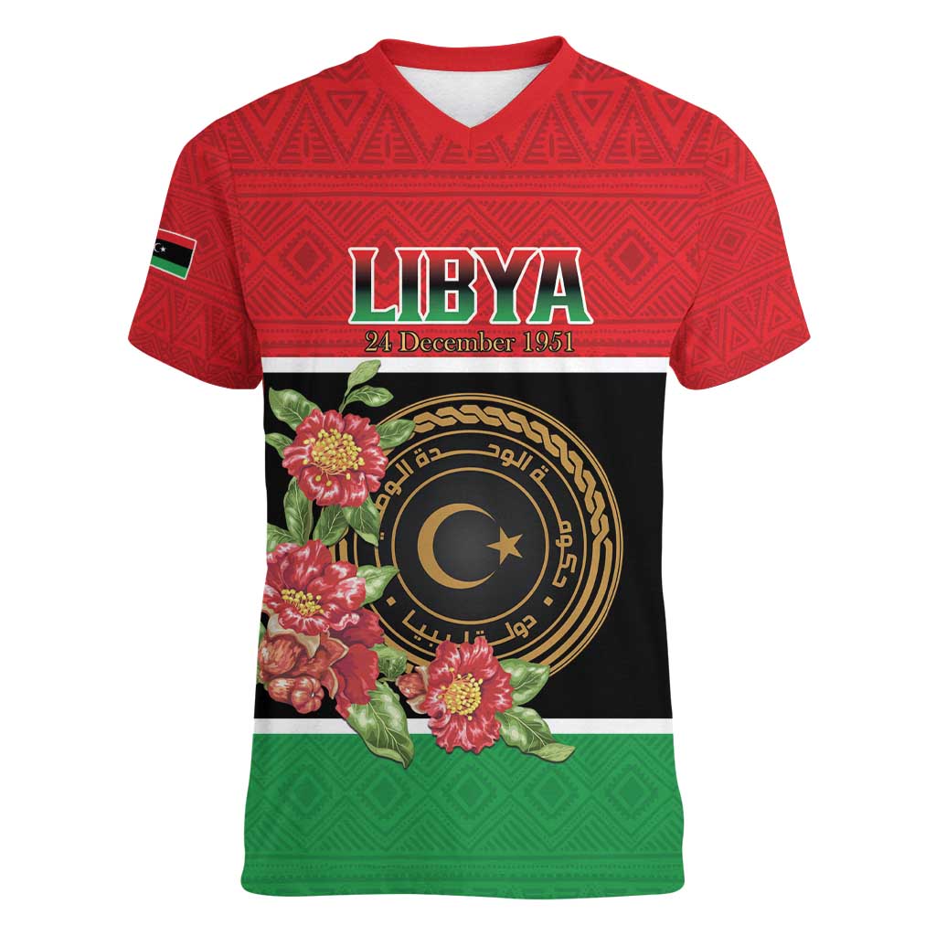 Personalized Libya Independence Day Women V-Neck T-Shirt Pomegranate Blossom With Libyan Seal - Wonder Print Shop