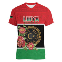 Personalized Libya Independence Day Women V-Neck T-Shirt Pomegranate Blossom With Libyan Seal - Wonder Print Shop