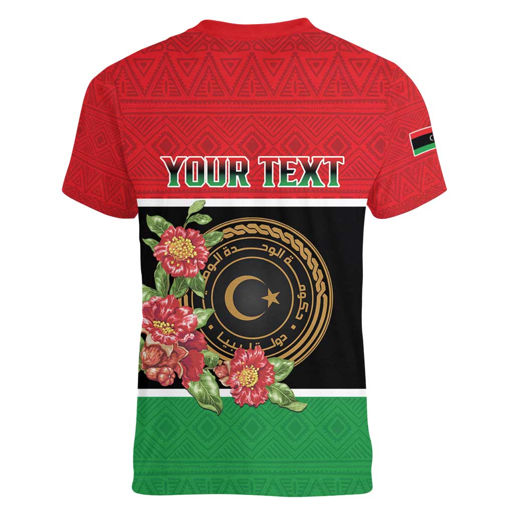 Personalized Libya Independence Day Women V-Neck T-Shirt Pomegranate Blossom With Libyan Seal - Wonder Print Shop