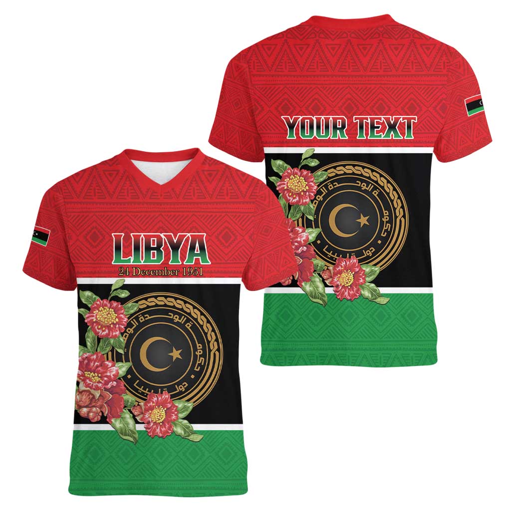 Personalized Libya Independence Day Women V-Neck T-Shirt Pomegranate Blossom With Libyan Seal - Wonder Print Shop