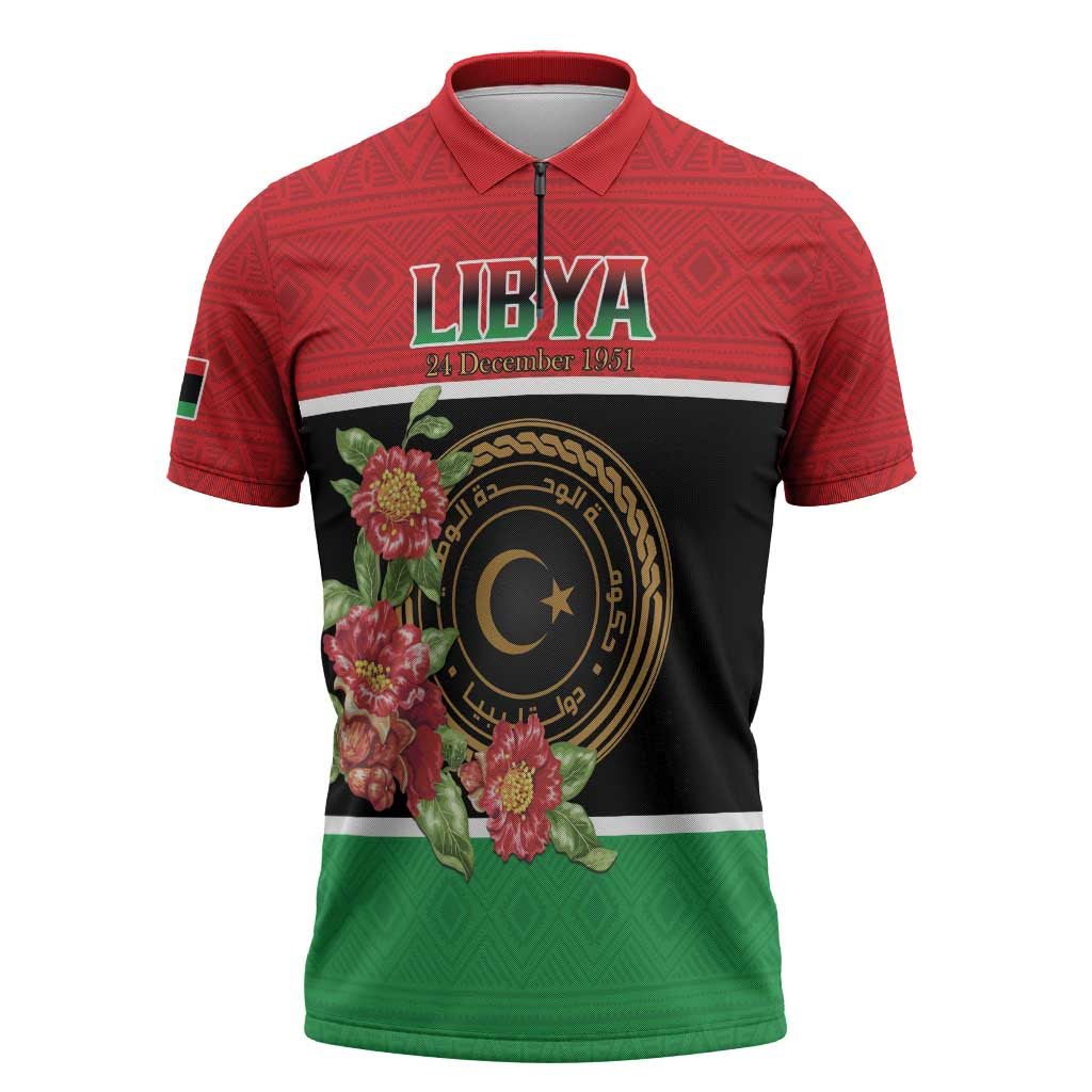 Personalized Libya Independence Day Zipper Polo Shirt Pomegranate Blossom With Libyan Seal - Wonder Print Shop