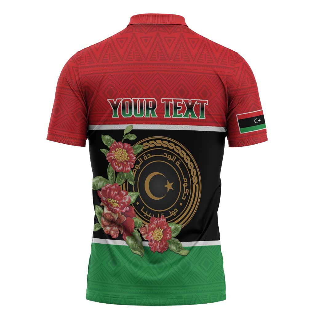 Personalized Libya Independence Day Zipper Polo Shirt Pomegranate Blossom With Libyan Seal - Wonder Print Shop