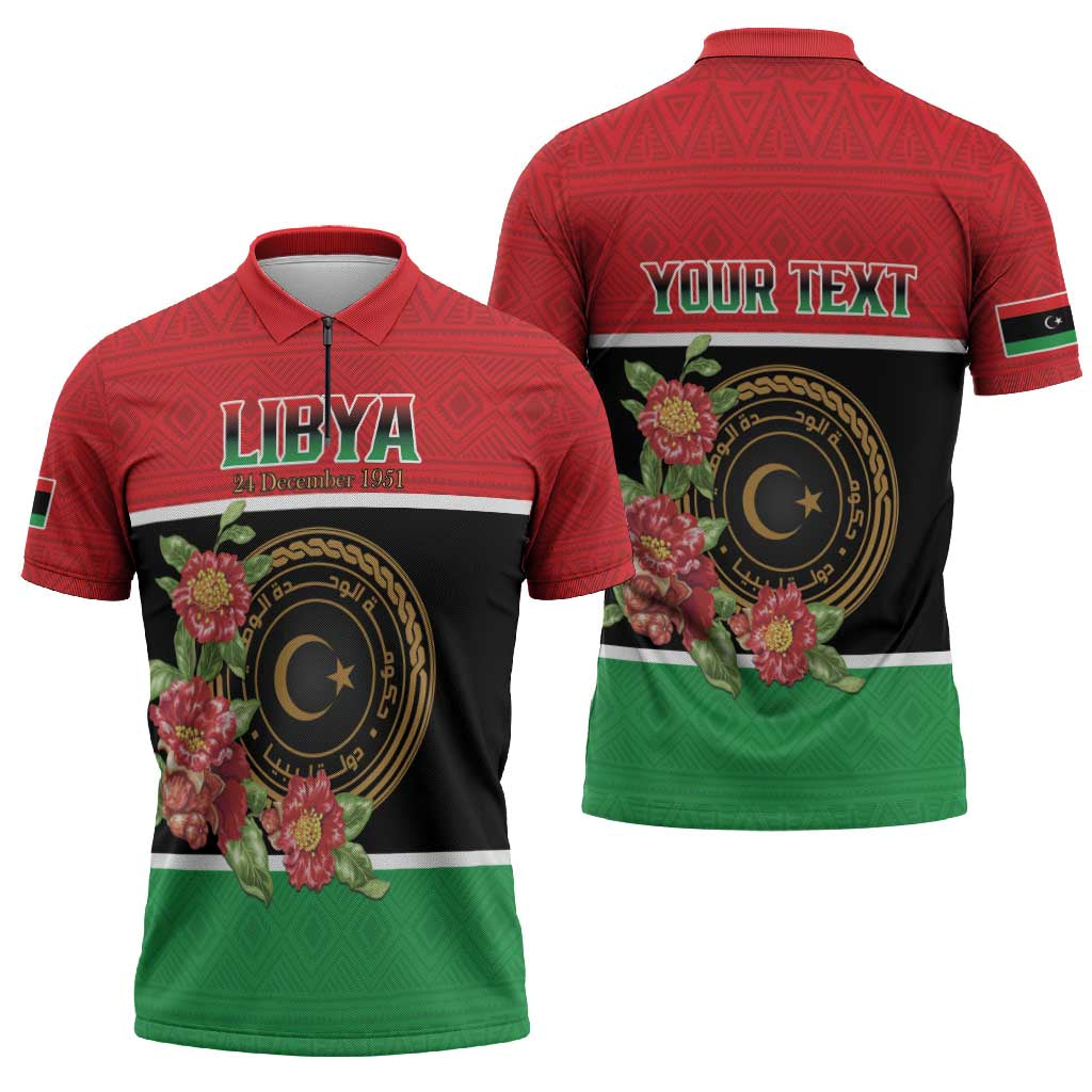 Personalized Libya Independence Day Zipper Polo Shirt Pomegranate Blossom With Libyan Seal - Wonder Print Shop