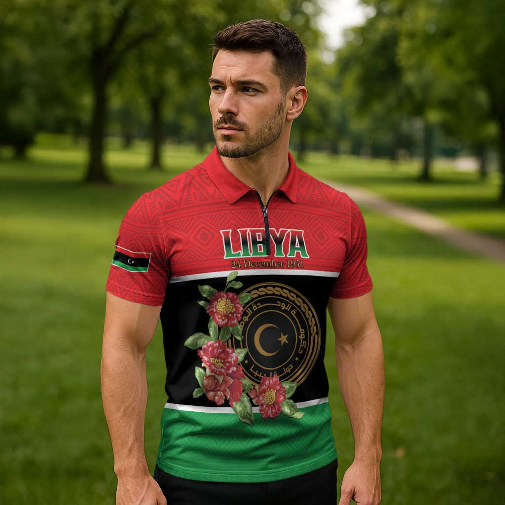 Personalized Libya Independence Day Zipper Polo Shirt Pomegranate Blossom With Libyan Seal - Wonder Print Shop