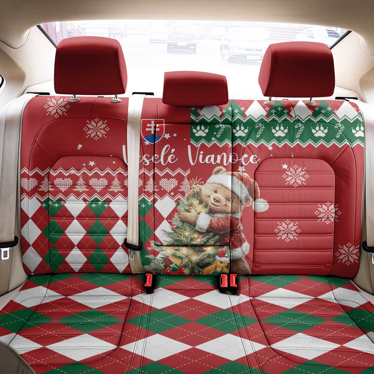 Slovakia Christmas Back Car Seat Cover Brown Bear Mix Argyle Pattern - Wonder Print Shop