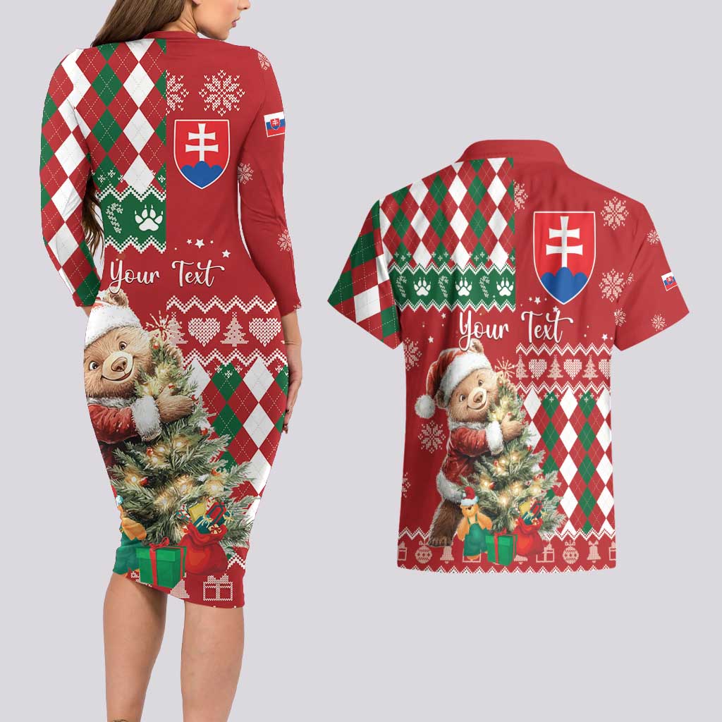 Personalised Slovakia Christmas Couples Matching Long Sleeve Bodycon Dress and Hawaiian Shirt Brown Bear Mix Argyle Pattern - Wonder Print Shop