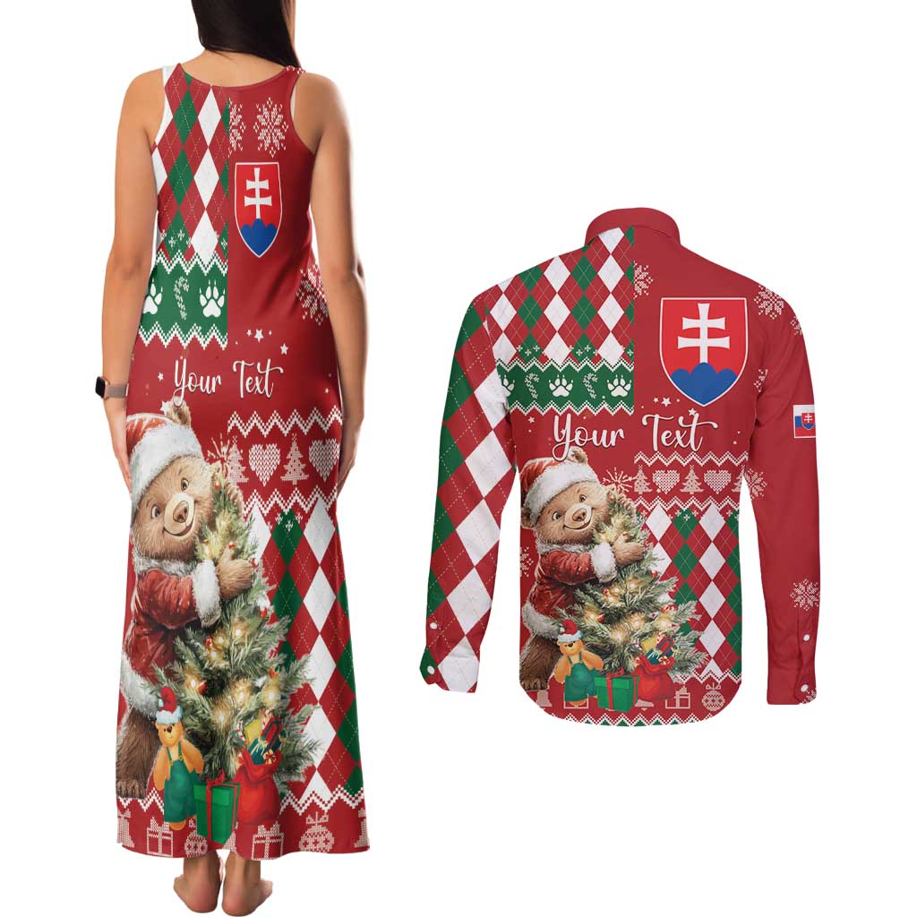 Personalised Slovakia Christmas Couples Matching Tank Maxi Dress and Long Sleeve Button Shirt Brown Bear Mix Argyle Pattern - Wonder Print Shop