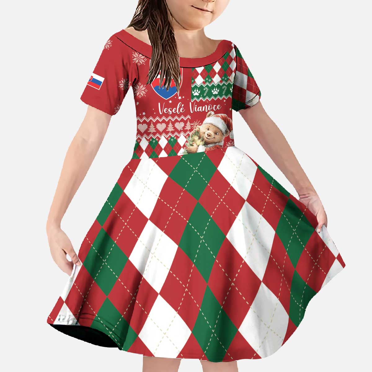 Personalised Slovakia Christmas Family Matching Off The Shoulder Long Sleeve Dress and Hawaiian Shirt Brown Bear Mix Argyle Pattern - Wonder Print Shop