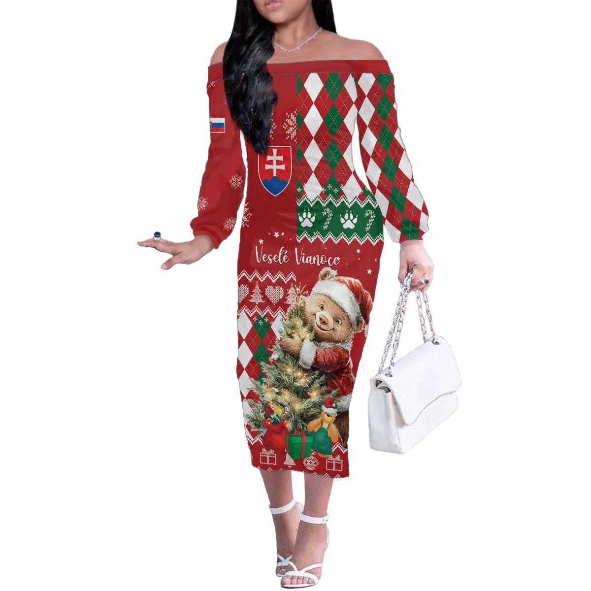 Personalised Slovakia Christmas Family Matching Off The Shoulder Long Sleeve Dress and Hawaiian Shirt Brown Bear Mix Argyle Pattern - Wonder Print Shop