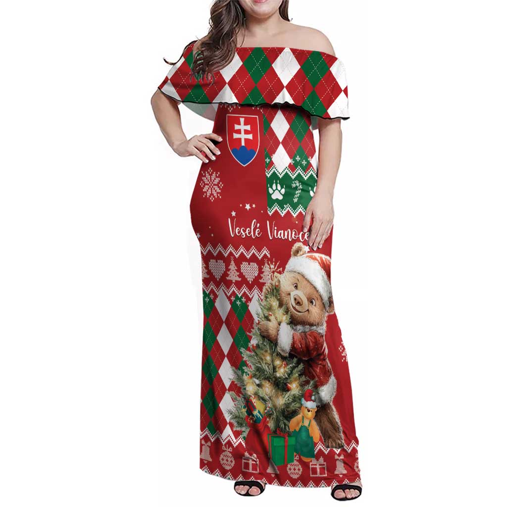Personalised Slovakia Christmas Family Matching Off Shoulder Maxi Dress and Hawaiian Shirt Brown Bear Mix Argyle Pattern - Wonder Print Shop