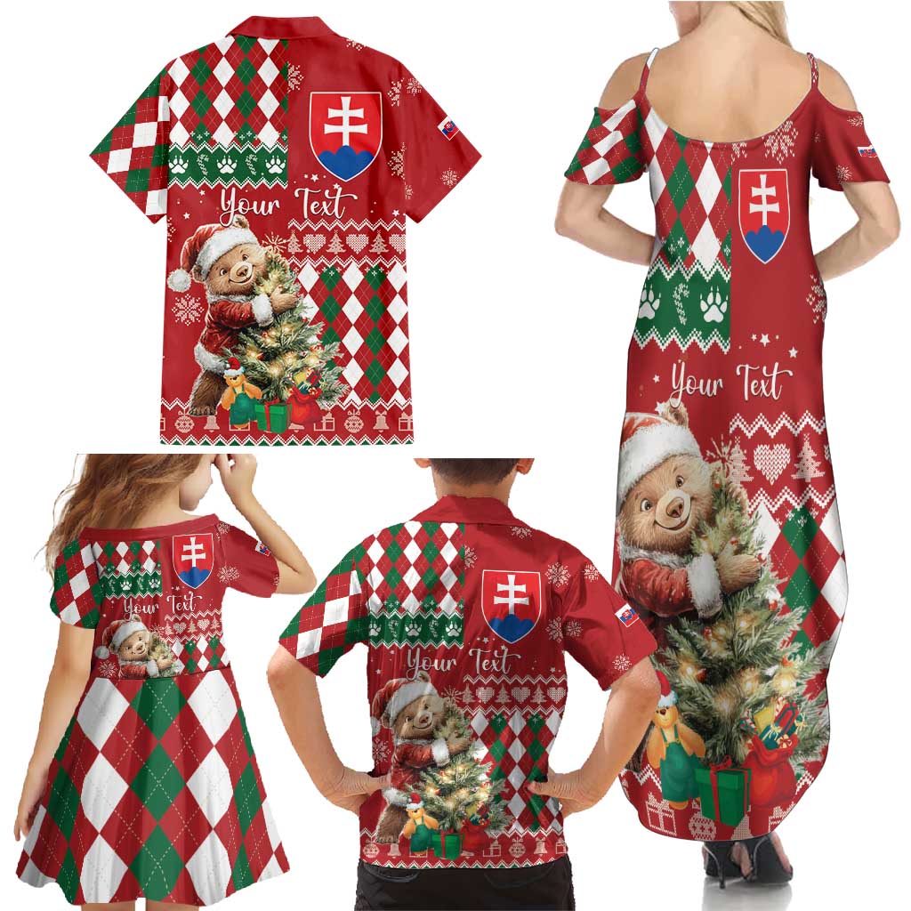Personalised Slovakia Christmas Family Matching Summer Maxi Dress and Hawaiian Shirt Brown Bear Mix Argyle Pattern - Wonder Print Shop