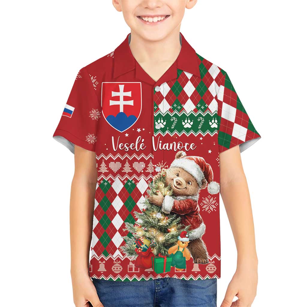 Personalised Slovakia Christmas Family Matching Tank Maxi Dress and Hawaiian Shirt Brown Bear Mix Argyle Pattern - Wonder Print Shop