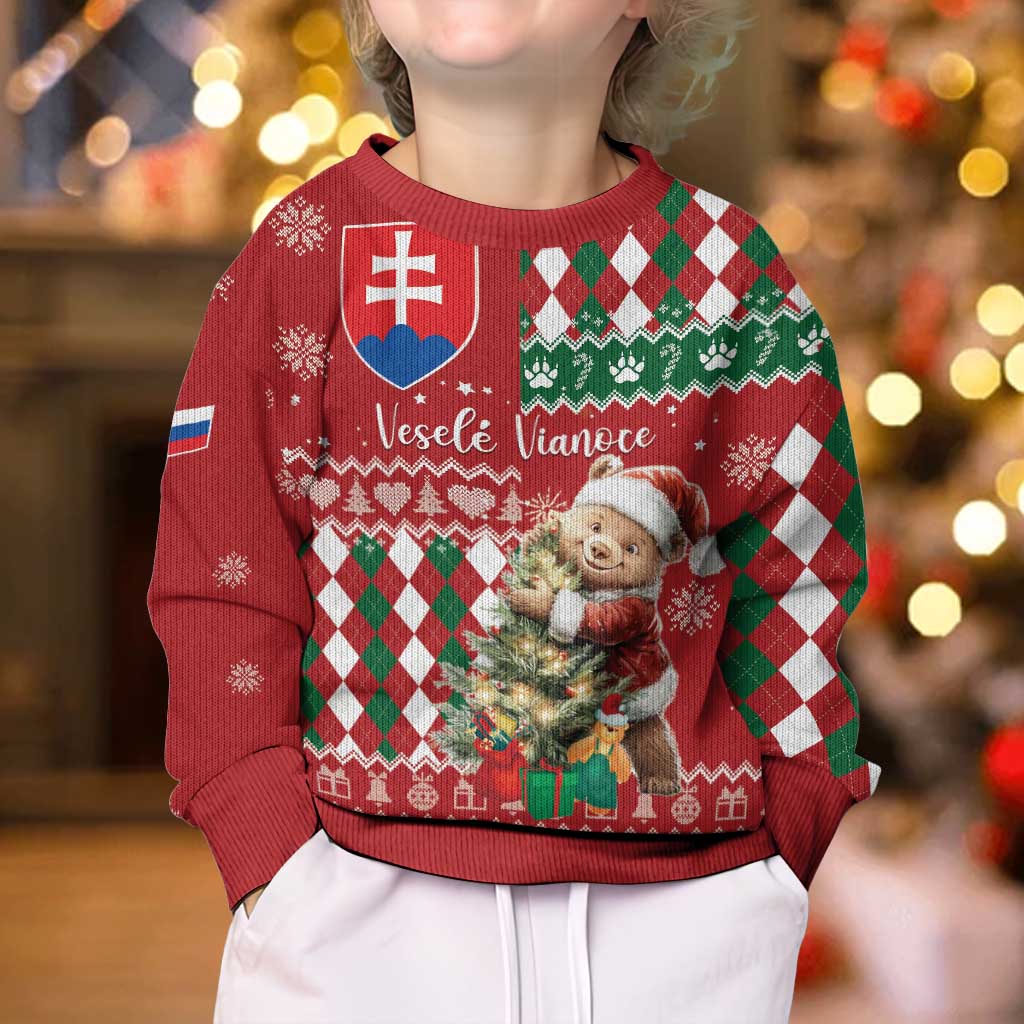 Personalised Slovakia Christmas Kid Ugly Christmas Sweater Brown Bear Mix Argyle Pattern - Wonder Print Shop