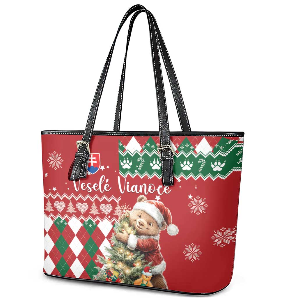 Slovakia Christmas Leather Tote Bag Brown Bear Mix Argyle Pattern - Wonder Print Shop