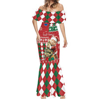 Personalised Slovakia Christmas Mermaid Dress Brown Bear Mix Argyle Pattern - Wonder Print Shop