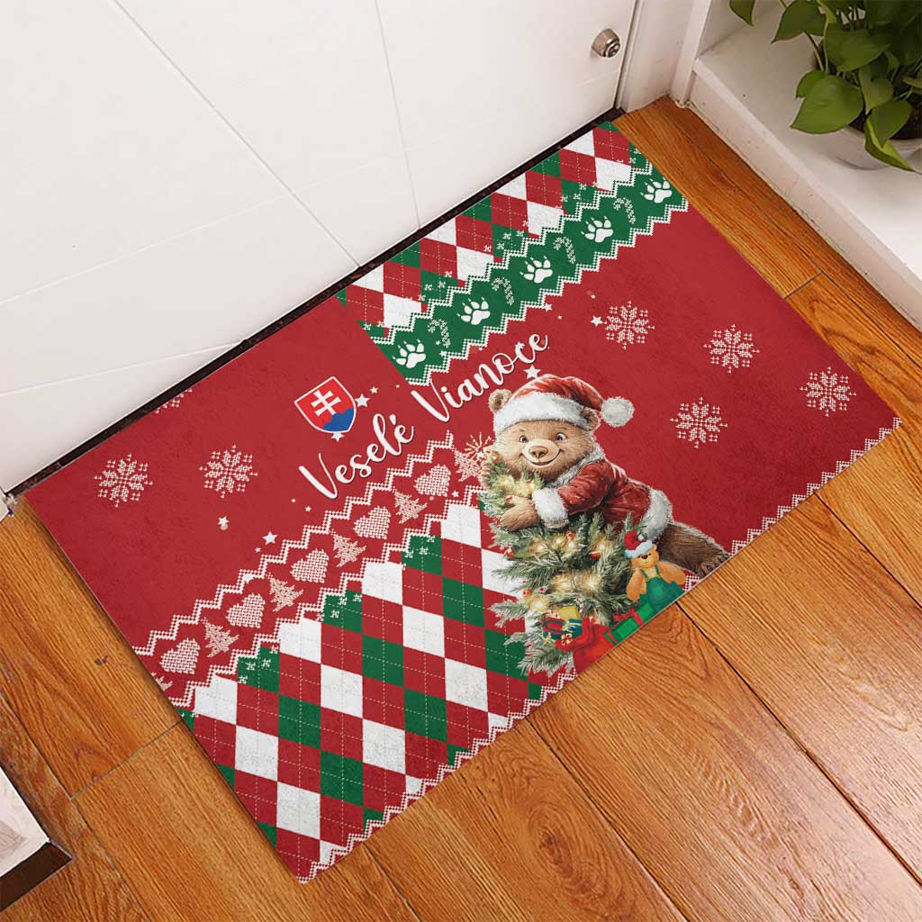 Slovakia Christmas Rubber Doormat Brown Bear Mix Argyle Pattern - Wonder Print Shop