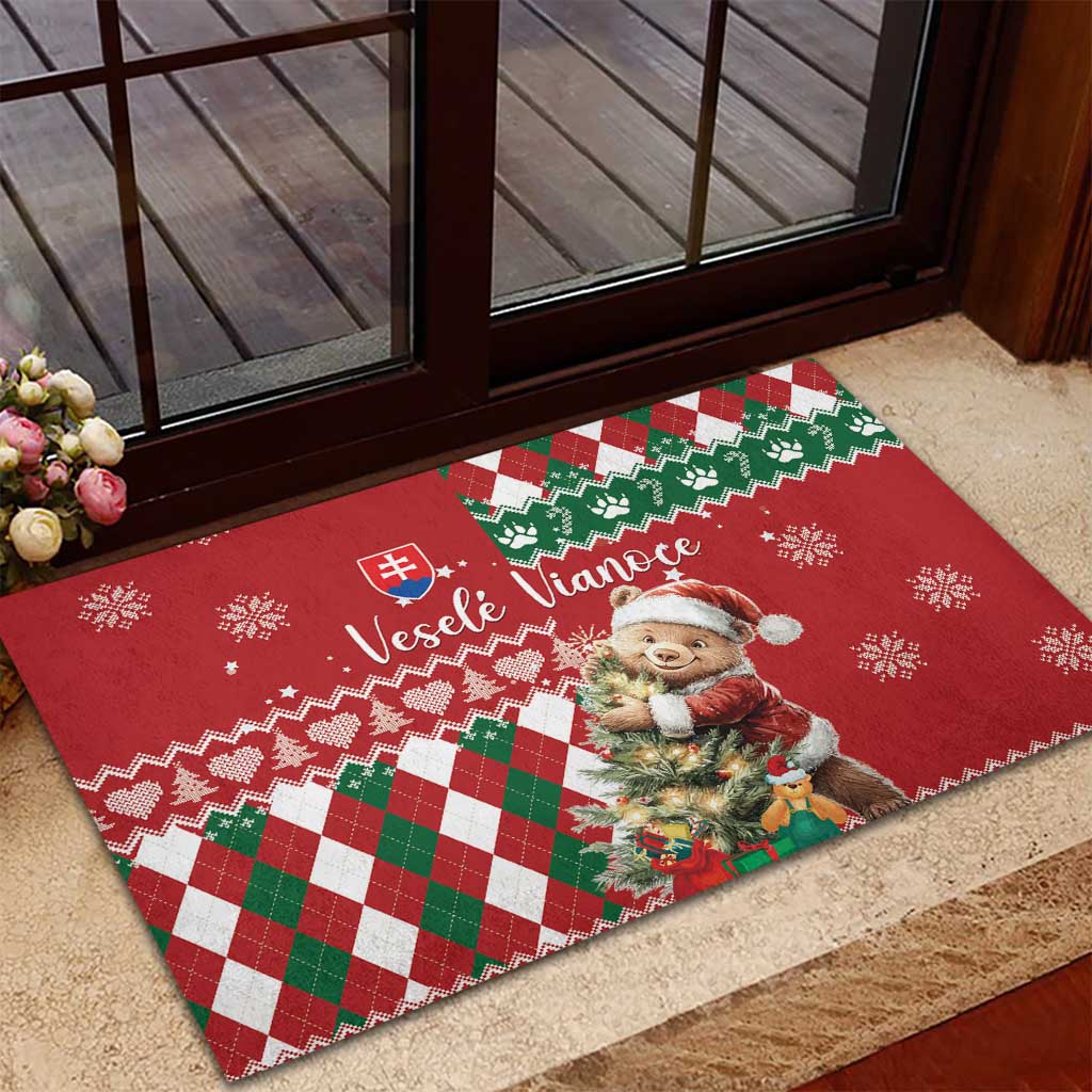 Slovakia Christmas Rubber Doormat Brown Bear Mix Argyle Pattern - Wonder Print Shop