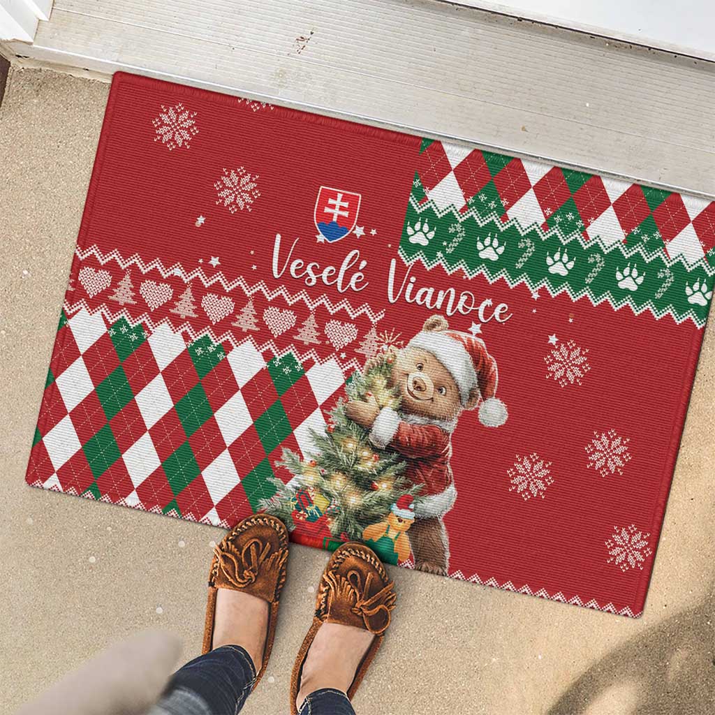 Slovakia Christmas Rubber Doormat Brown Bear Mix Argyle Pattern - Wonder Print Shop