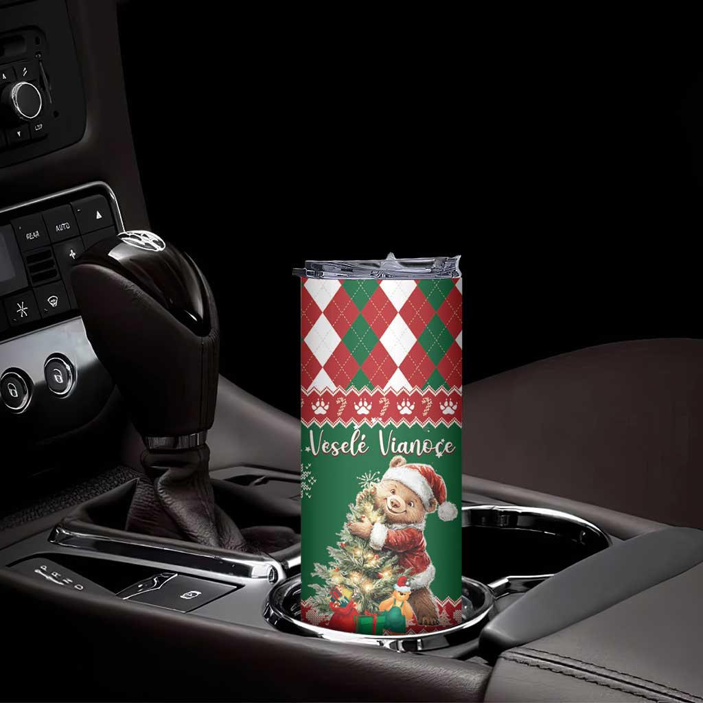 Personalised Slovakia Christmas Skinny Tumbler Brown Bear Mix Argyle Pattern - Wonder Print Shop