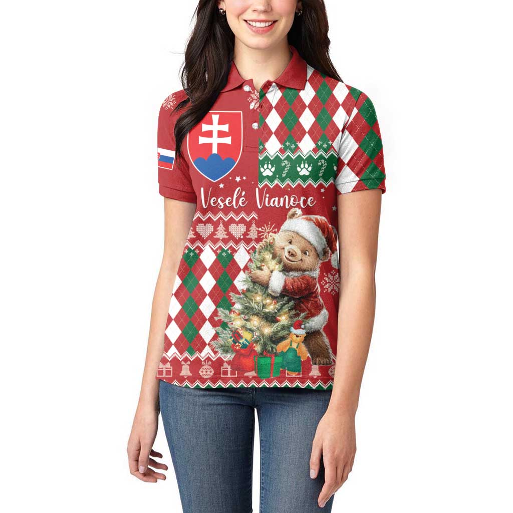 Personalised Slovakia Christmas Women Polo Shirt Brown Bear Mix Argyle Pattern - Wonder Print Shop