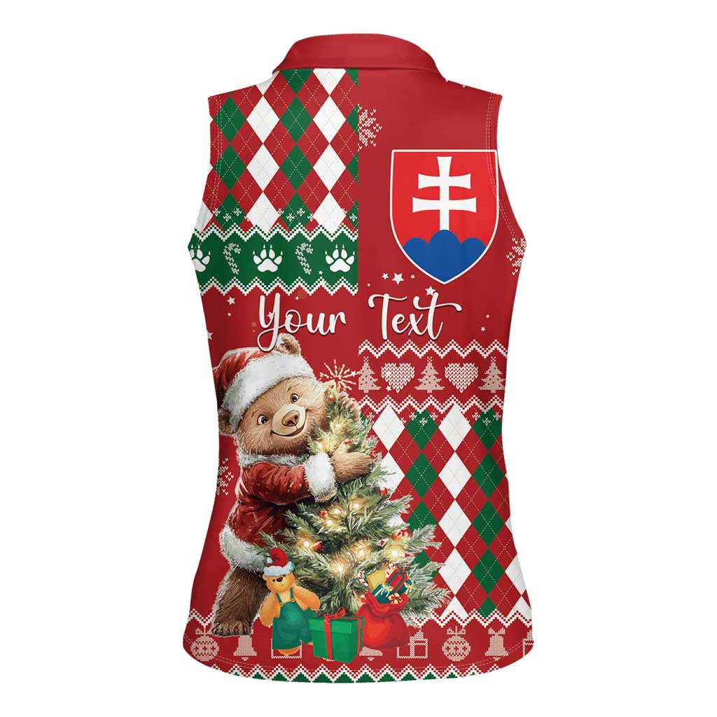 Personalised Slovakia Christmas Women Sleeveless Polo Shirt Brown Bear Mix Argyle Pattern - Wonder Print Shop