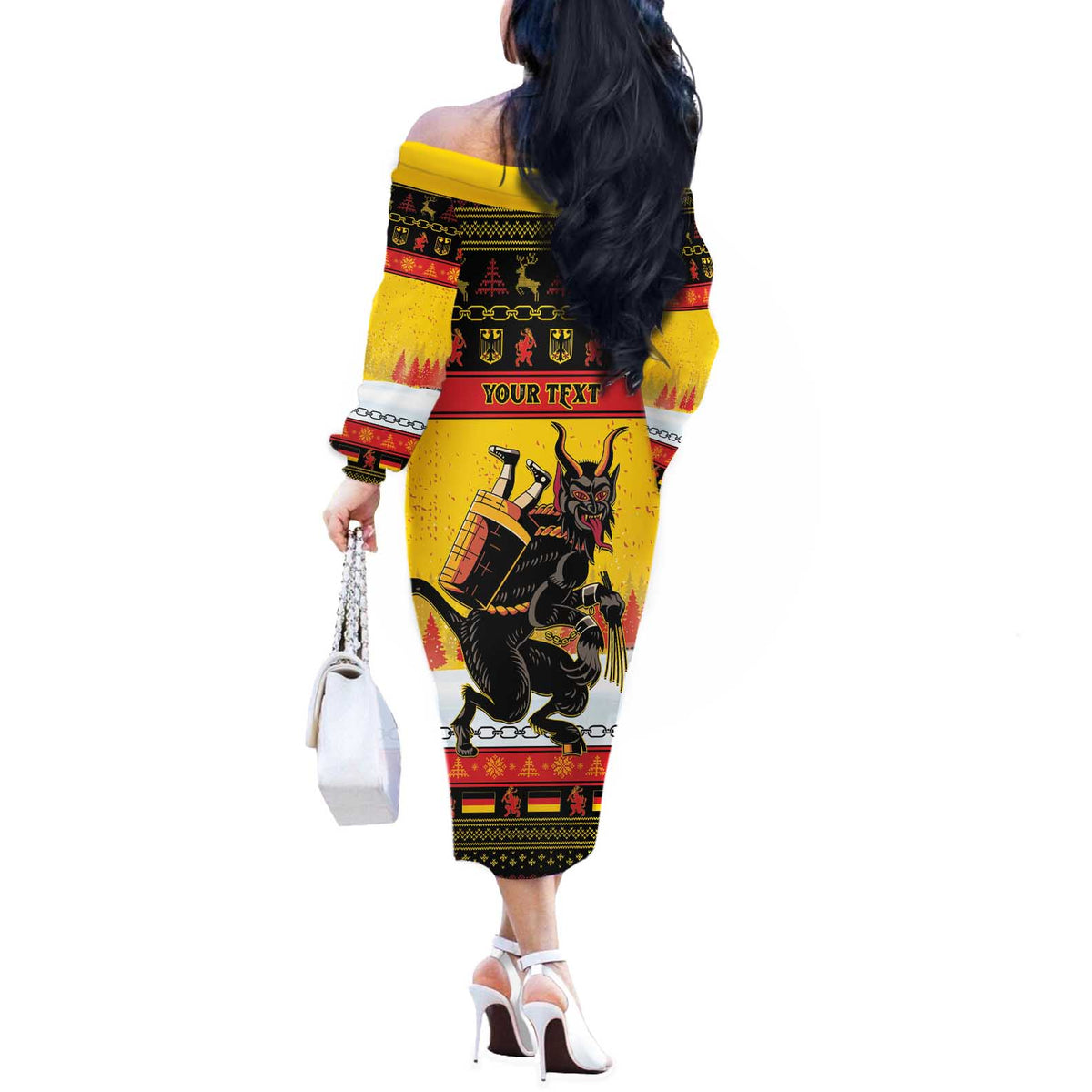 Personalised Germany Christmas Off The Shoulder Long Sleeve Dress Merry Krampus - Wonder Print Shop