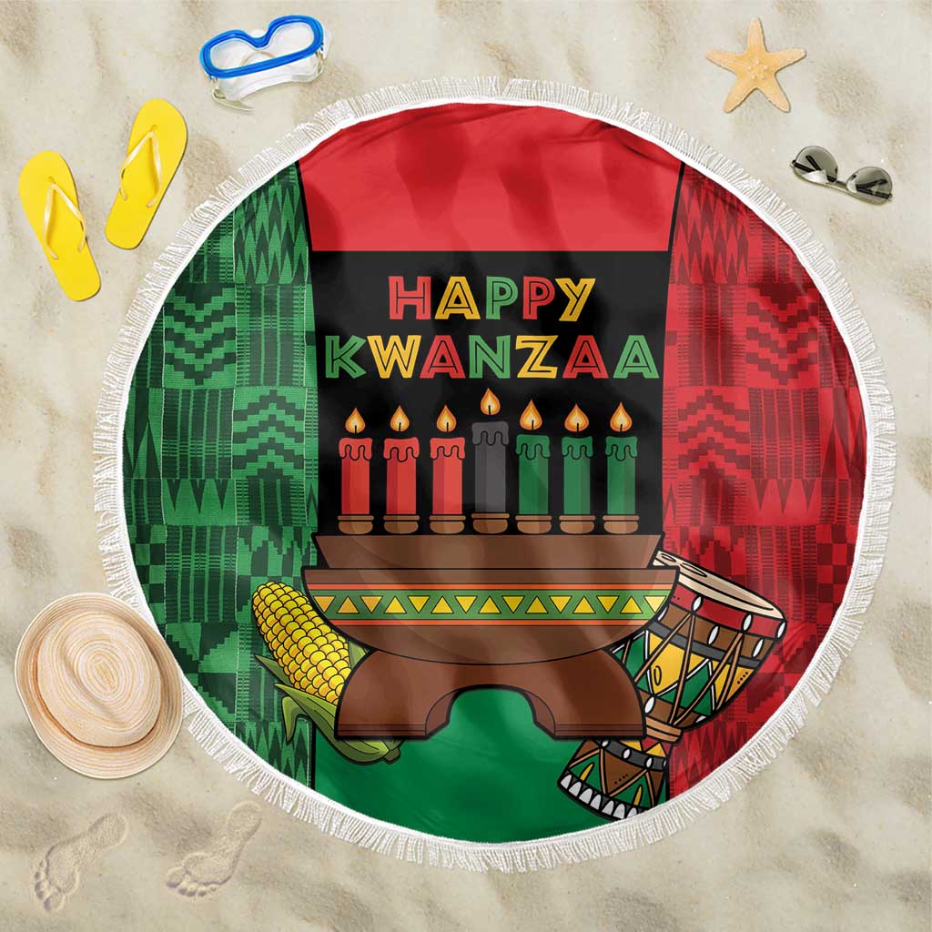 Happy Kwanzaa Beach Blanket Kinara With Kente Pattern - Wonder Print Shop