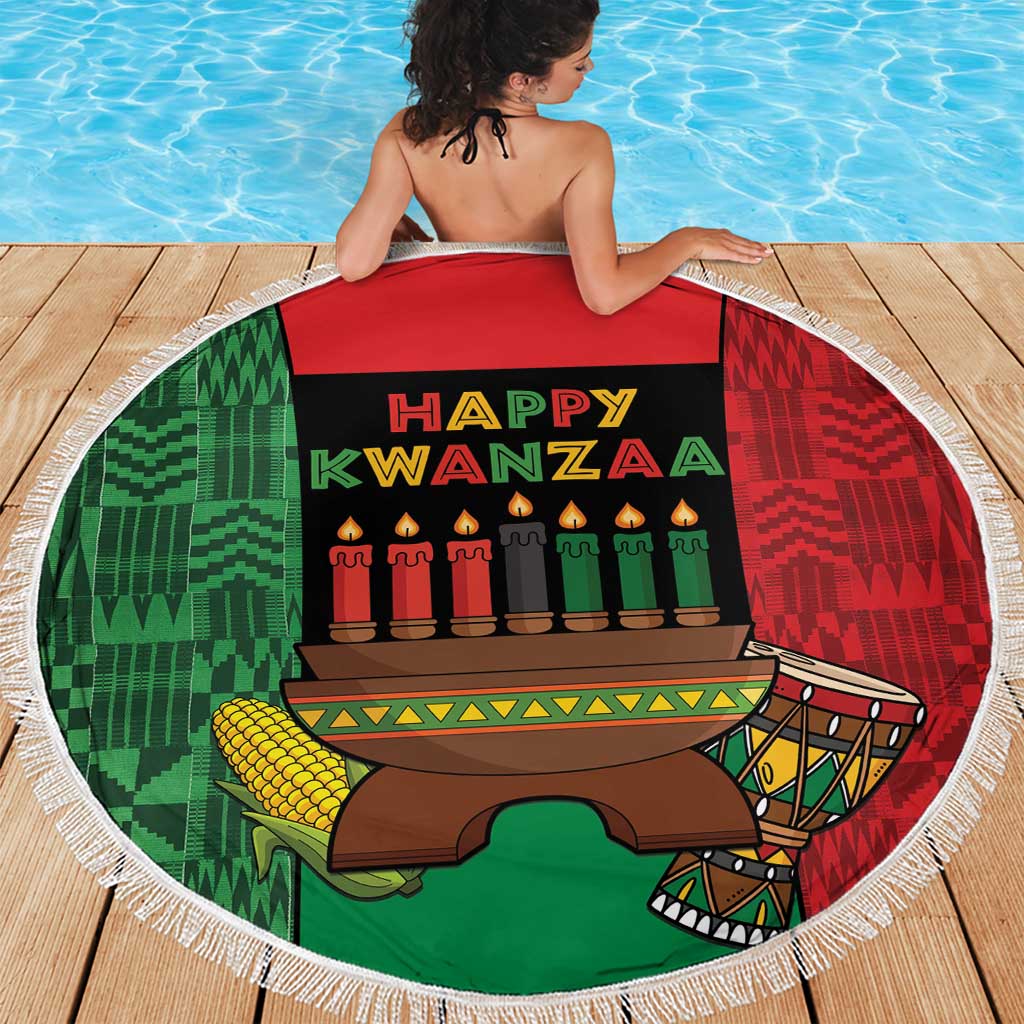Happy Kwanzaa Beach Blanket Kinara With Kente Pattern - Wonder Print Shop