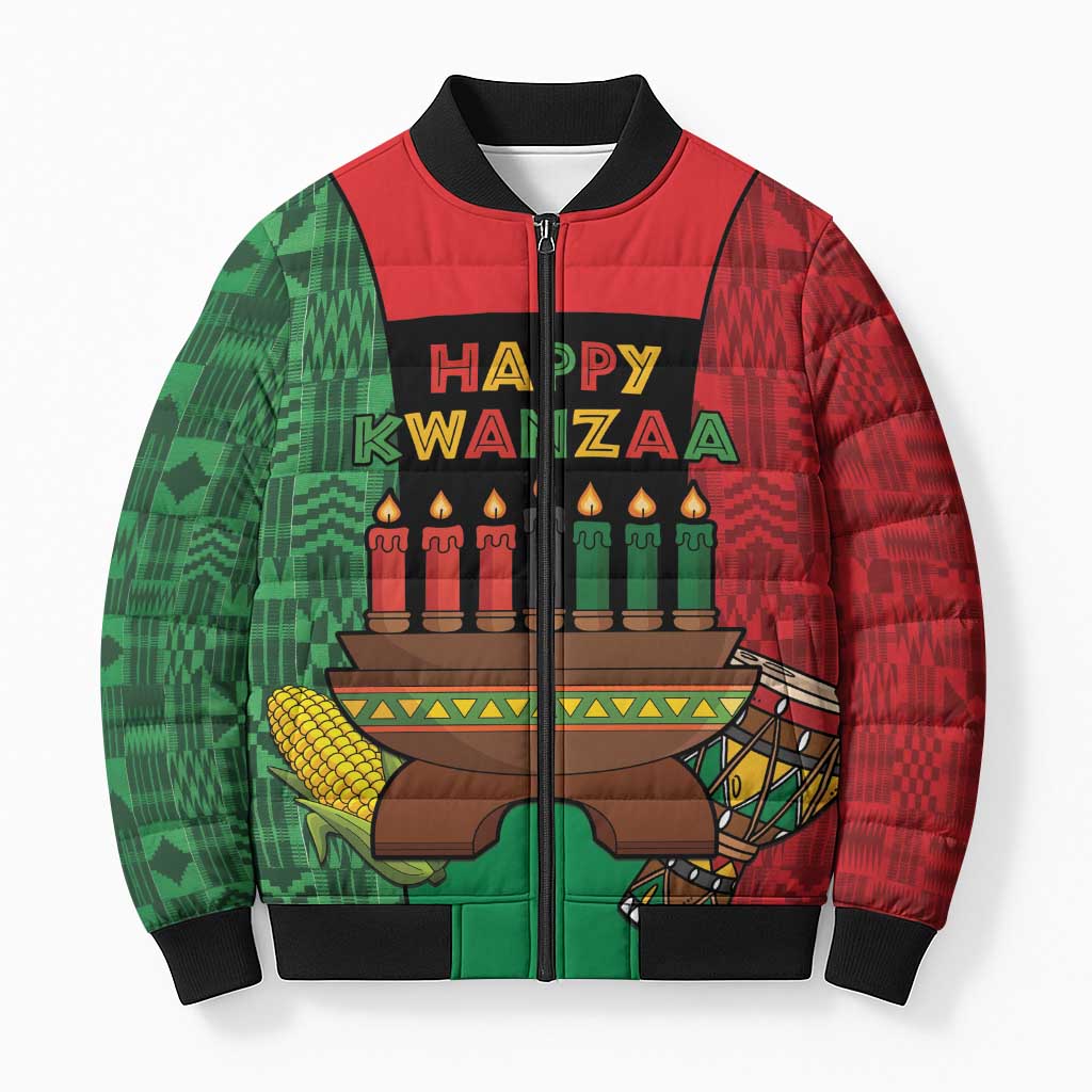 Personalized Happy Kwanzaa Bomber Puffer Jacket Kinara With Kente Pattern - Wonder Print Shop