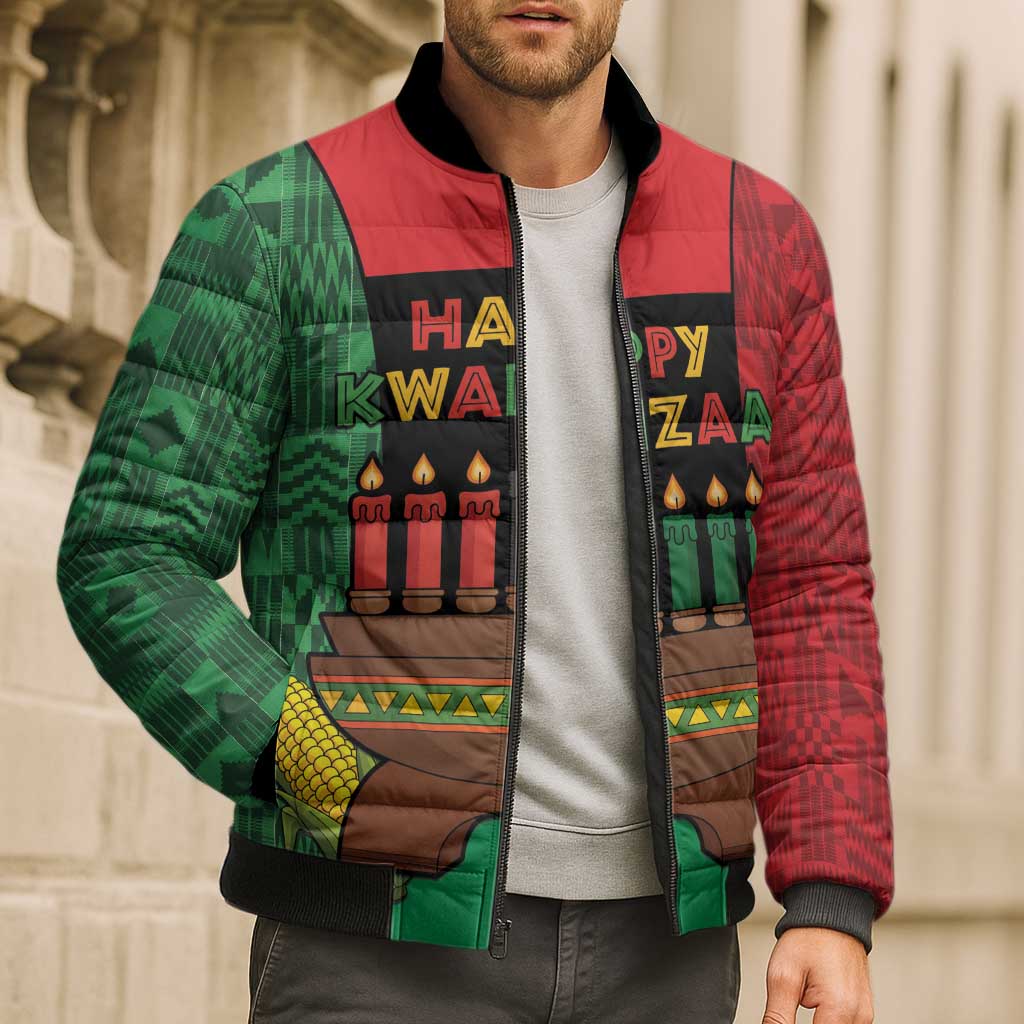 Personalized Happy Kwanzaa Bomber Puffer Jacket Kinara With Kente Pattern - Wonder Print Shop